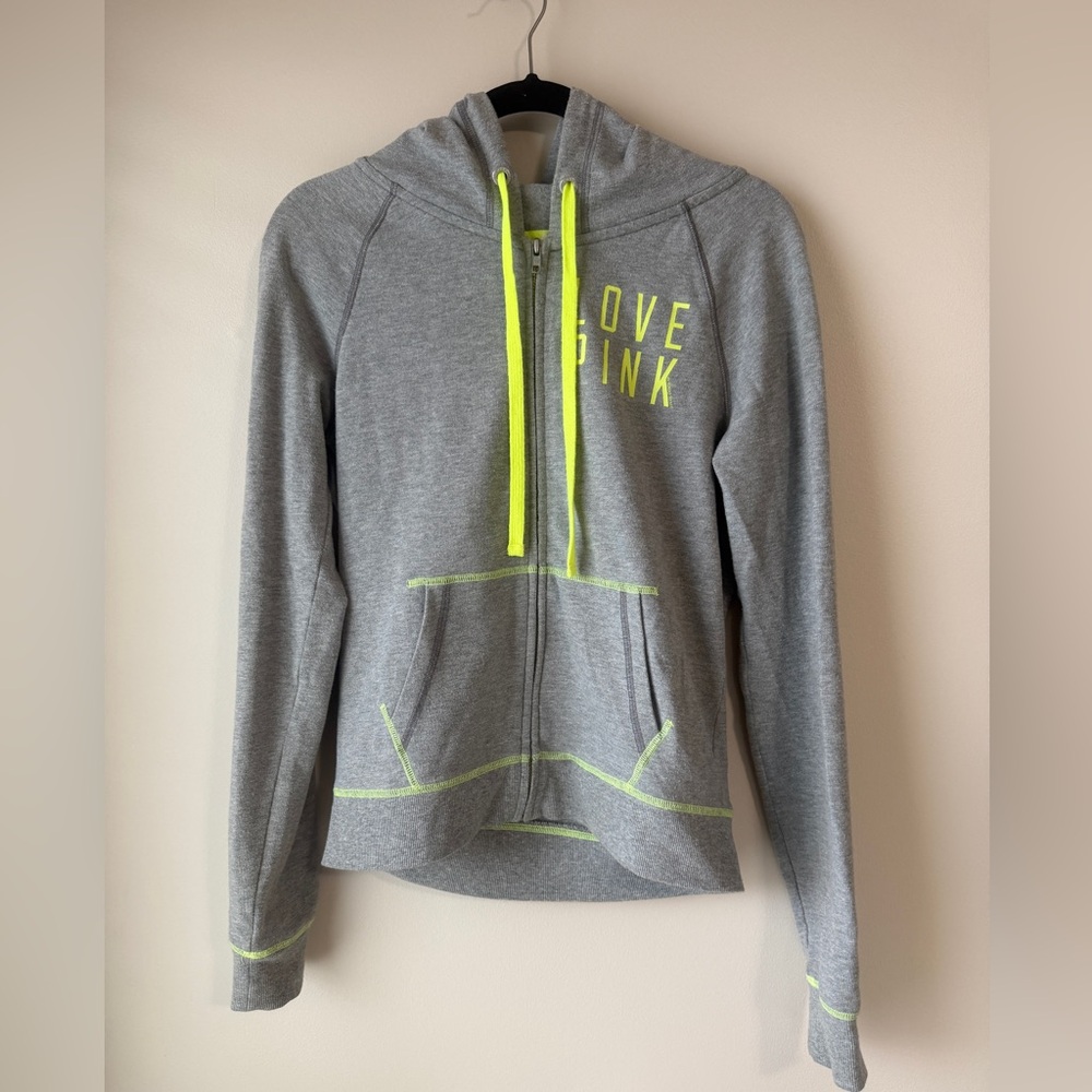 PINK Victoria's Secret Gray Hoodie with Neon Yellow Details